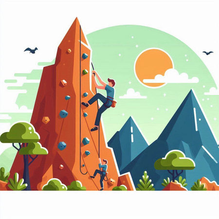 Climbing in the mountains. Vector illustration in flat style.のイラスト素材