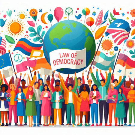 International Day of Democracy. Group of people with flags, banners and placards. Vector illustration.のイラスト素材