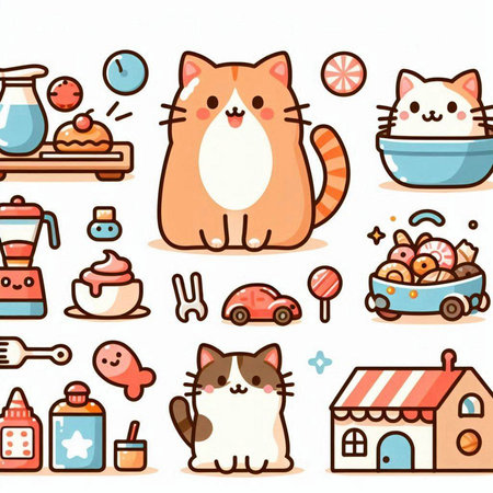 Cute cartoon cat and food collection. Hand drawn vector illustration.のイラスト素材