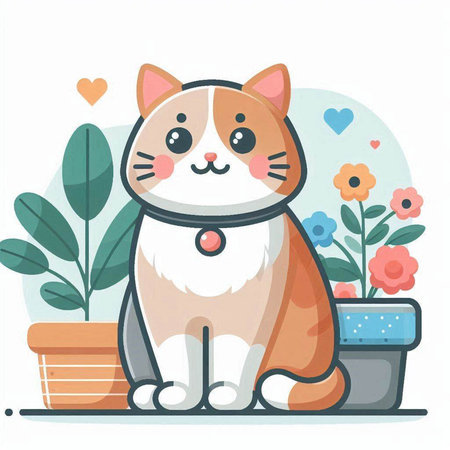 Cute cartoon cat sitting on the floor with flowers. Vector illustration.のイラスト素材