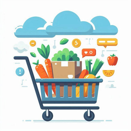 Shopping cart full of fresh organic food. Vector flat illustration.のイラスト素材