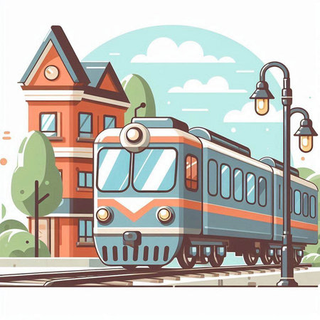 Train on the city street. Vector illustration in flat cartoon style.のイラスト素材