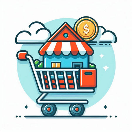Shopping cart with house, coins and bag. Vector illustration.のイラスト素材