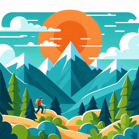 Landscape with mountains and forest. Vector illustration in flat style.のイラスト素材