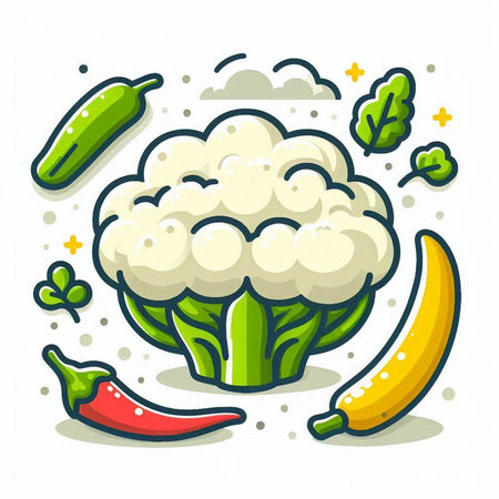 Cauliflower, chili pepper and cucumber on white background. Vector illustration.のイラスト素材