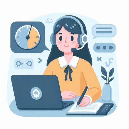 Call center concept. Young woman with headset and laptop. Vector illustrationのイラスト素材