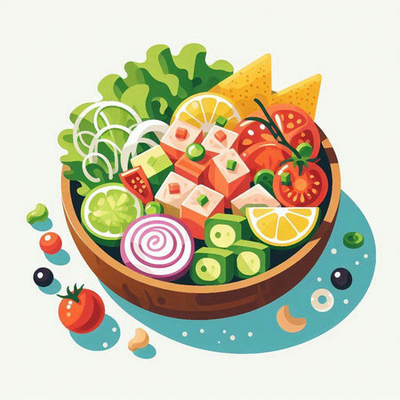 Vector illustration of a bowl of salad with avocado, tomato, onion, cucumber, olives and tortilla chipsのイラスト素材