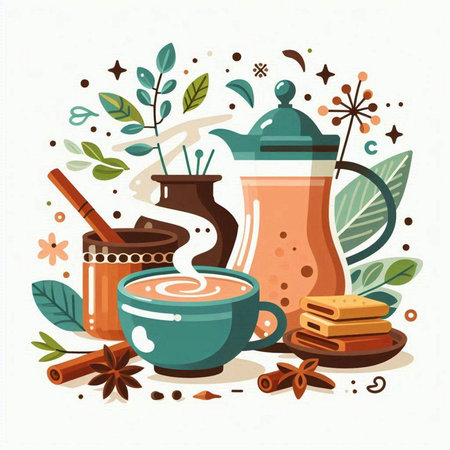 Cup of coffee with cinnamon, anise and cookies. Vector illustration.のイラスト素材