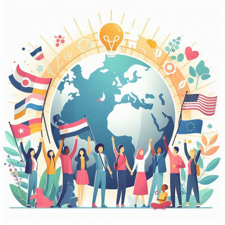Group of people holding flags of different countries around the world. Vector illustration.のイラスト素材
