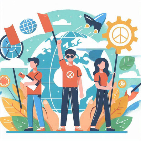 People with flags on the background of the planet. Vector illustration.のイラスト素材