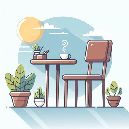 Illustration of a table and chairs in a flat design. Vector illustration.のイラスト素材