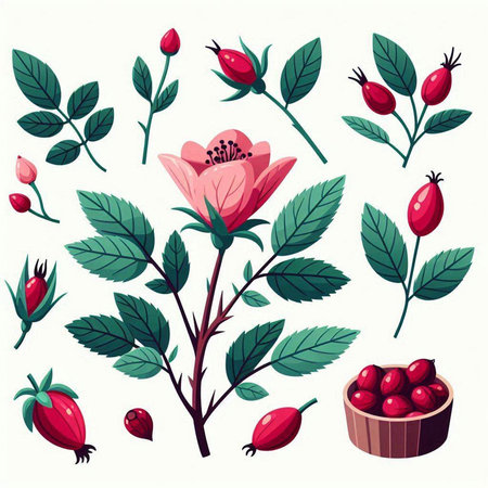Rosehip berries and leaves. Vector set of illustrations in cartoon style.のイラスト素材