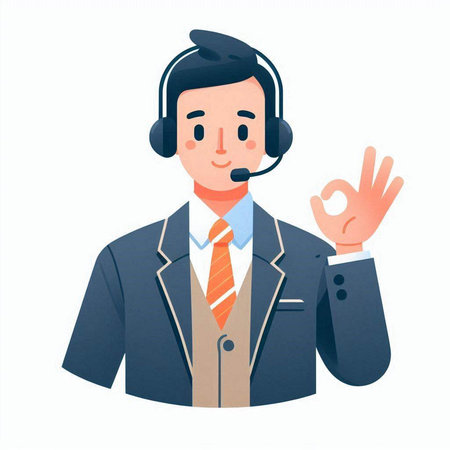 Businessman with headset showing ok sign. Vector illustration in cartoon style.のイラスト素材