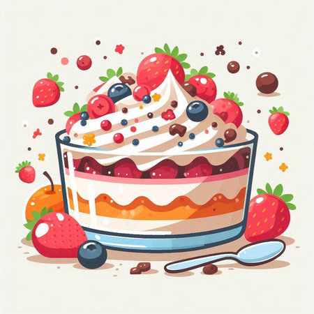Vector illustration of a cake with cream and berries. Sweet dessert.のイラスト素材