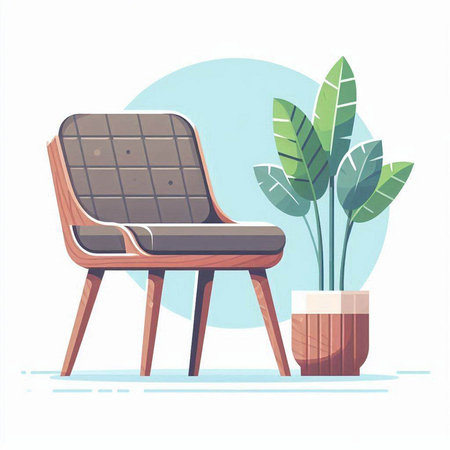 Wooden armchair and plant. Vector illustration in flat style.のイラスト素材