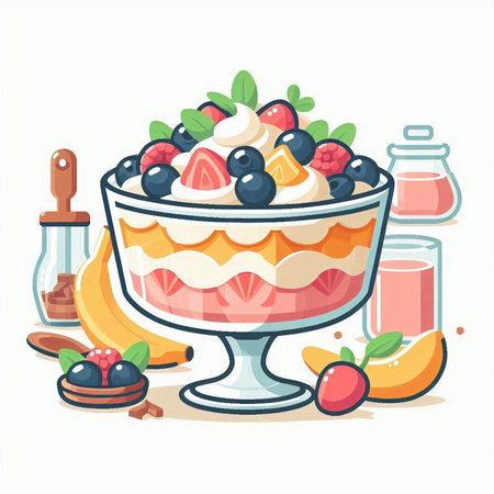 Vector illustration of a dessert in a glass bowl with cream, berries and fruits.のイラスト素材