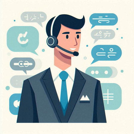 Call center operator with headset. Vector illustration in flat cartoon style.のイラスト素材