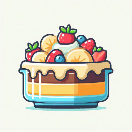 Fruit cake with whipped cream, strawberries, blueberries, strawberries, kiwi, cherry, orange, lemon, mint. Vector illustrationのイラスト素材