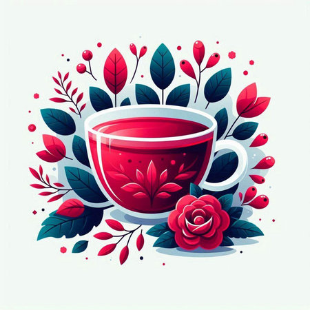 Cup of tea with red rose and leaves. Vector illustration.のイラスト素材