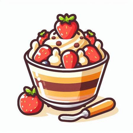 Strawberry ice cream in a bowl. Vector illustration on white background.のイラスト素材