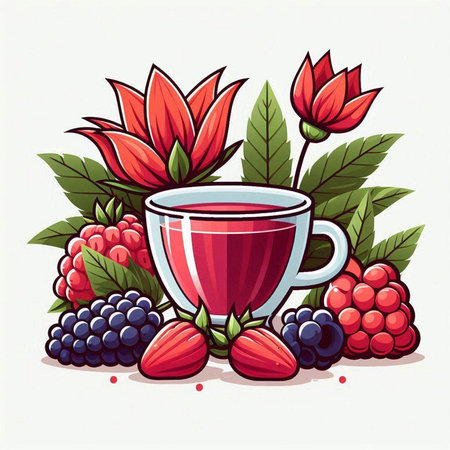 Vector illustration of a cup of tea with berries, leaves and flowers.のイラスト素材