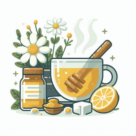 Herbal tea with honey, lemon and chamomile. Vector illustration.のイラスト素材