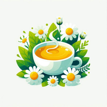 Cup of herbal tea with chamomile flowers. Vector illustration.のイラスト素材