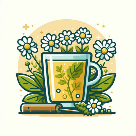 Cup of herbal tea with chamomile flowers. Vector illustration.のイラスト素材