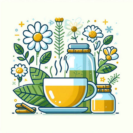 Cup of herbal tea with chamomile. Vector illustrationのイラスト素材