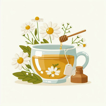 Herbal tea with chamomile and honey. Vector illustration.のイラスト素材