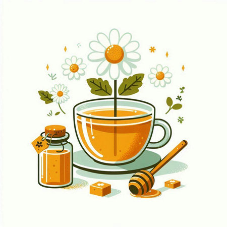 Cup of tea with honey and chamomile. Vector illustrationのイラスト素材