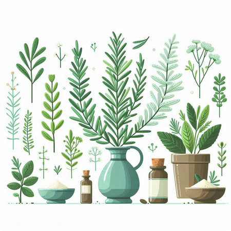 Herbs and spices in a ceramic vase. Vector illustration.のイラスト素材