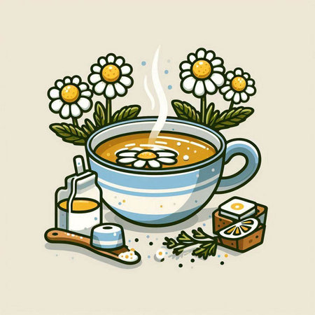 Cup of tea with chamomile flowers. Vector illustrationのイラスト素材