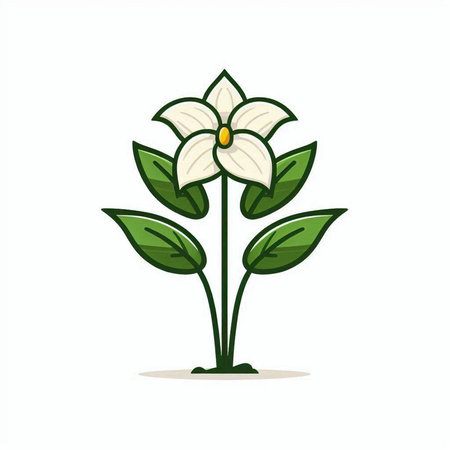 Cute white flower with green leaves isolated on white background. Vector illustration.のイラスト素材