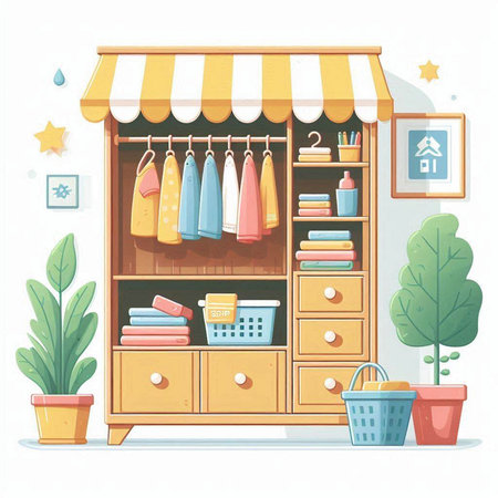Wardrobe with awning and shelves with clothes. Vector illustrationのイラスト素材
