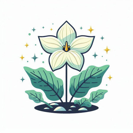 Illustration of a white flower with green leaves and stars on a white backgroundのイラスト素材