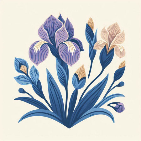 Illustration of iris flowers in retro style. Vector illustration.のイラスト素材