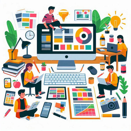Designer workspace with graphic design tools. Color palette, color swatches, computer monitor, graphic tablet, graphic design tools. Vector illustrationのイラスト素材