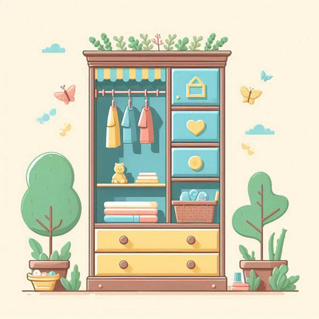 Cabinet with books and accessories. Vector illustration in flat styleのイラスト素材