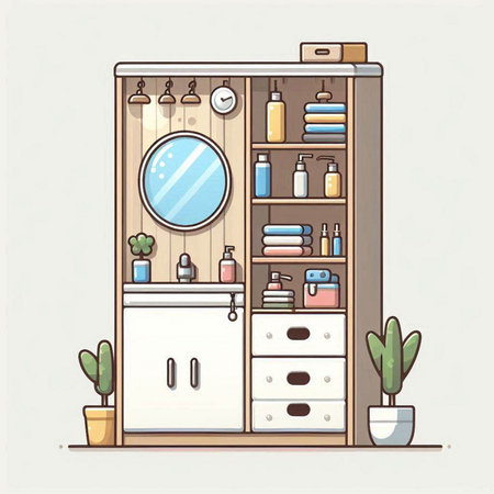Illustration of a cabinet with cosmetic products in a flat style.のイラスト素材
