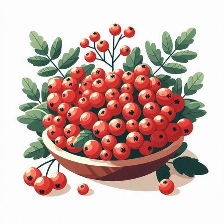 Bowl of red rowan berries with green leaves. Vector illustration.のイラスト素材
