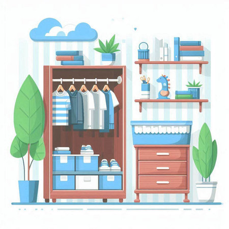 Closet with clothes and accessories. Vector illustration in flat styleのイラスト素材