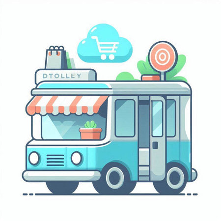 Vector illustration of a truck with a store and a shopping cart.のイラスト素材