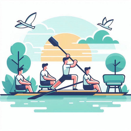 Young people rowing on a kayak in the park. Flat vector illustration.のイラスト素材