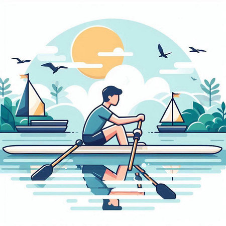Man rowing a boat on the lake. Vector illustration in flat styleのイラスト素材