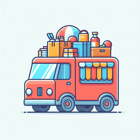 Food truck with food and drinks. Vector illustration in flat style.のイラスト素材