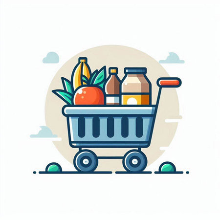 Shopping cart full of food products. Vector illustration in flat styleのイラスト素材