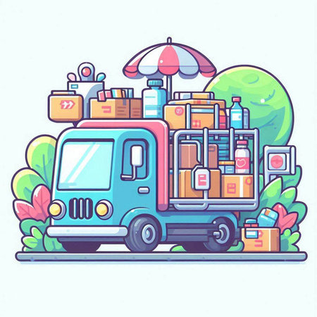 Truck with luggage. Vector illustration. Colorful cartoon style.のイラスト素材