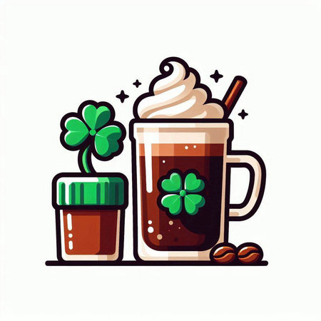 Coffee cup with whipped cream, coffee beans and clover leaf. St. Patrick's day vector illustration.のイラスト素材