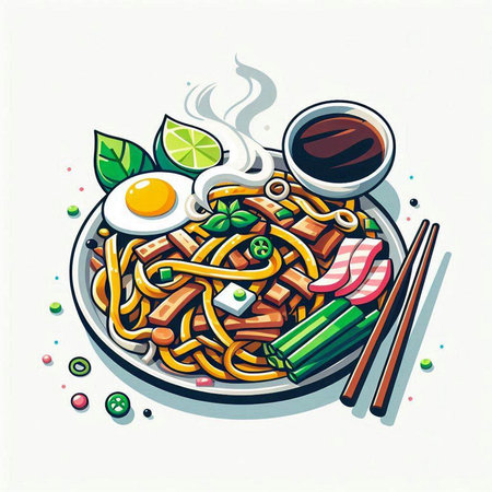 Illustration of asian noodle with fried egg and vegetables.のイラスト素材